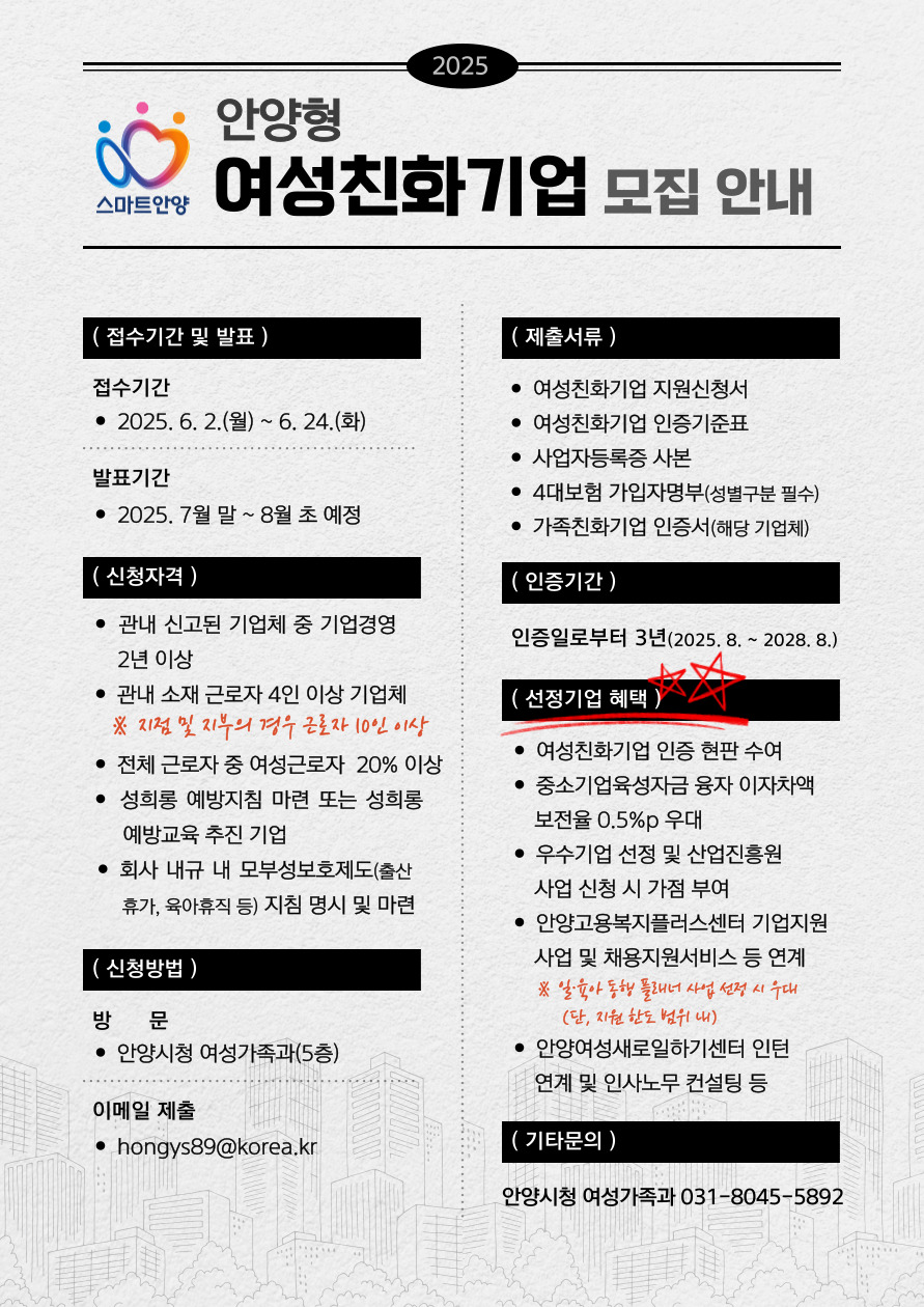 안양형 여성친화기업 모집 홍보 포스터