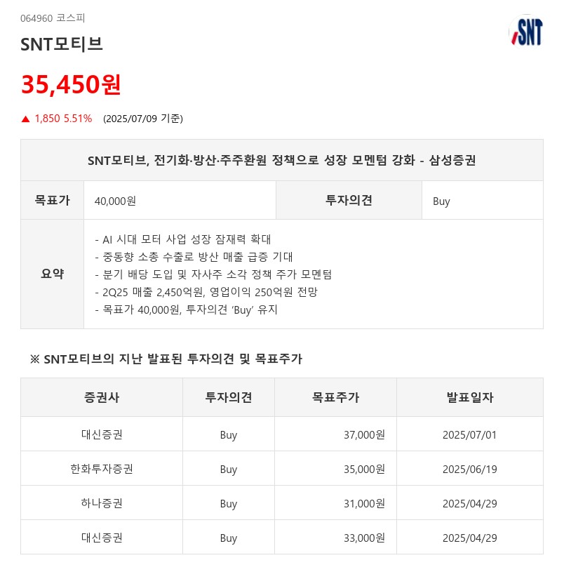 SNT모티브, 전기화·방산·주주환원 정책으로 성장 모멘텀 강화 - 삼성증권