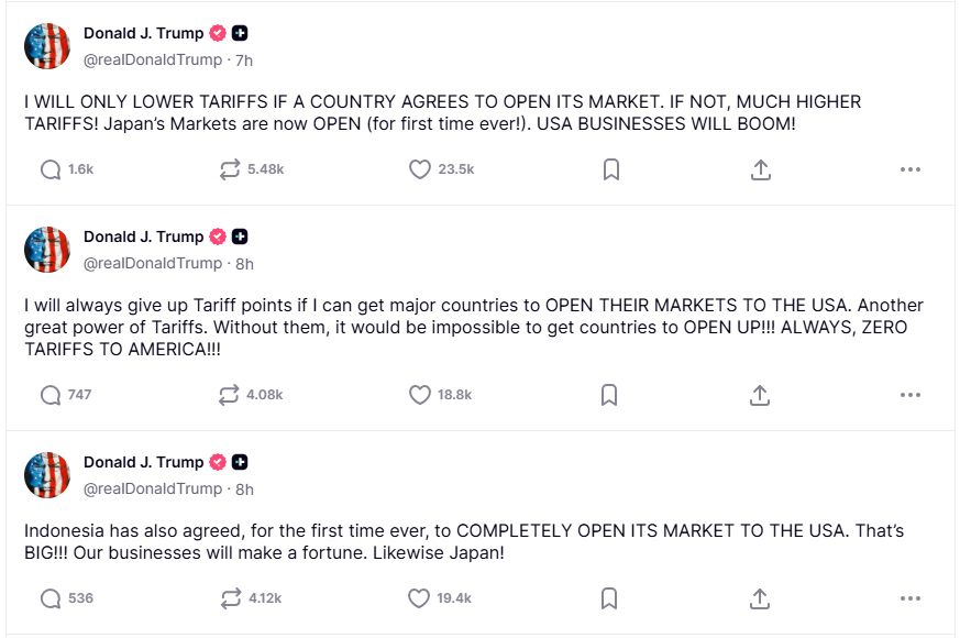 (상보) 美트럼프 “시장 개방 동의 안 하면 관세 높인다”