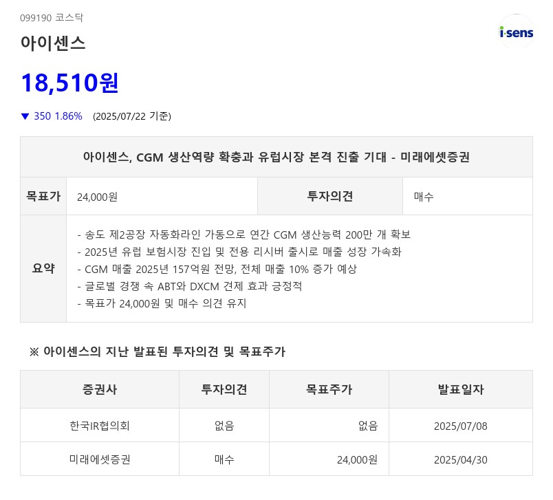 아이센스, CGM 생산역량 확충과 유럽시장 본격 진출 기대 - 미래에셋증권