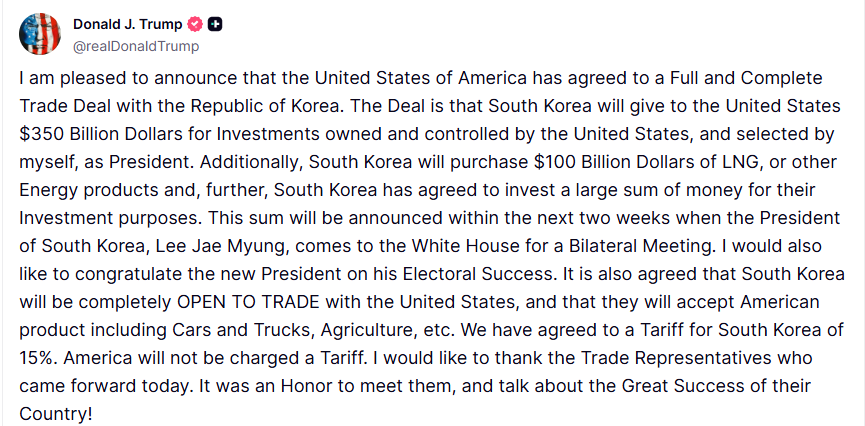 (상보) 트럼프 "한국과 4500억달러 규모 포괄적 무역 합의..2주 후 이재명 대통령과 정상회담"