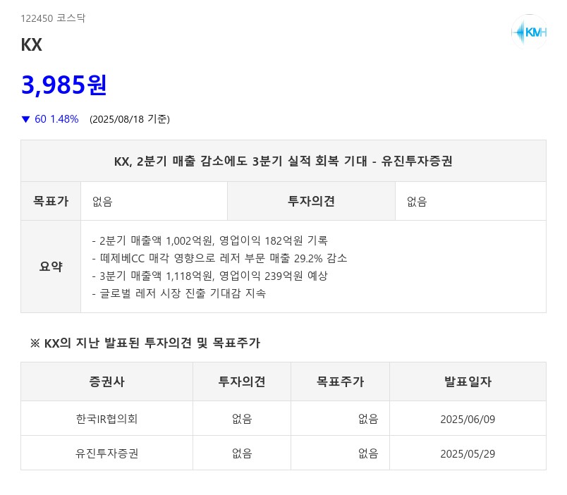 KX, 2분기 매출 감소에도 3분기 실적 회복 기대 - 유진투자증권