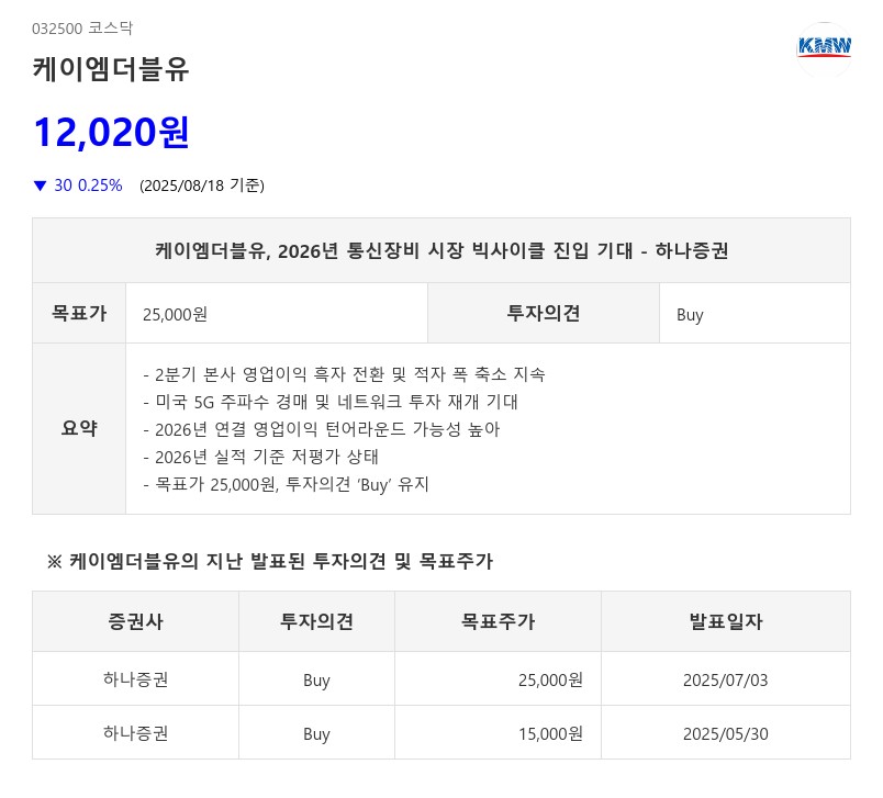 케이엠더블유, 2026년 통신장비 시장 빅사이클 진입 기대 - 하나증권