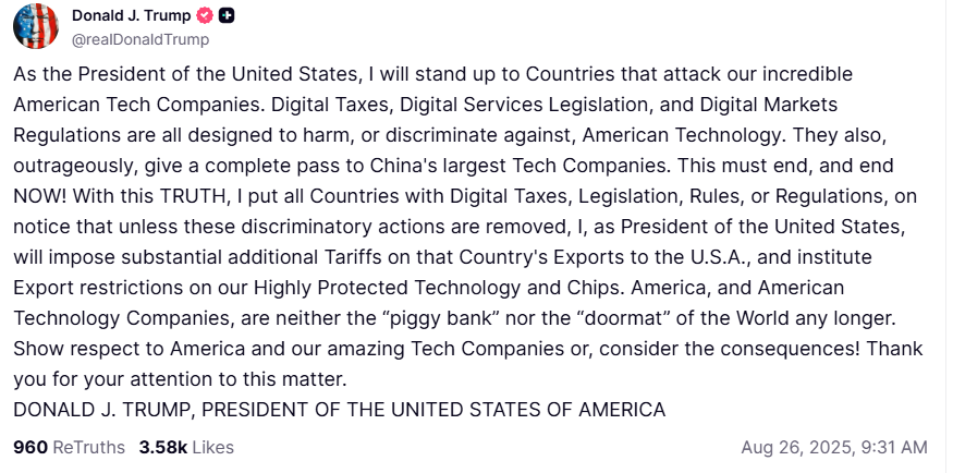 (상보) 트럼프 "디지털기업 규제하는 나라에 추가 관세 및 수출 제한"