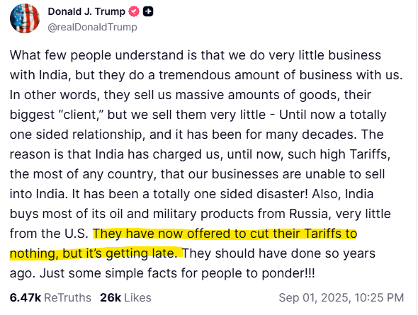 (상보) 美트럼프 "인도, 관세 폐지 제안했지만 이미 늦었다"