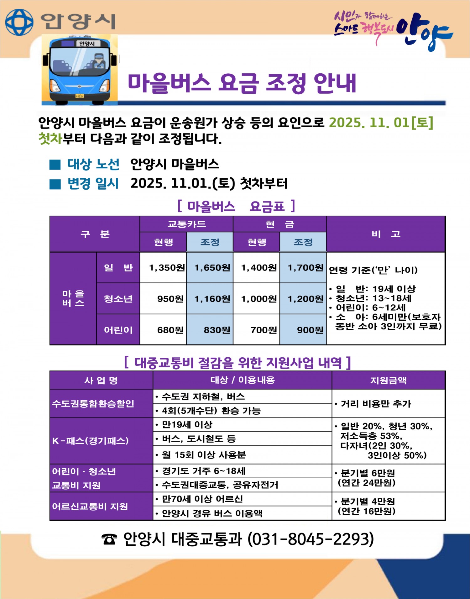 안양시 마을버스 요금 인상 안내문