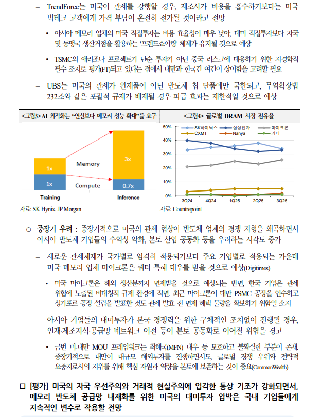 메모리 공급망 내재화 위한 미국 압박, 국내 기업들에게 지속적인 변수 - 국금센터