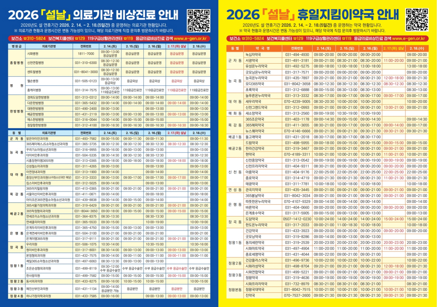 설날 의료기관 및 약국 진료 안내 포스터