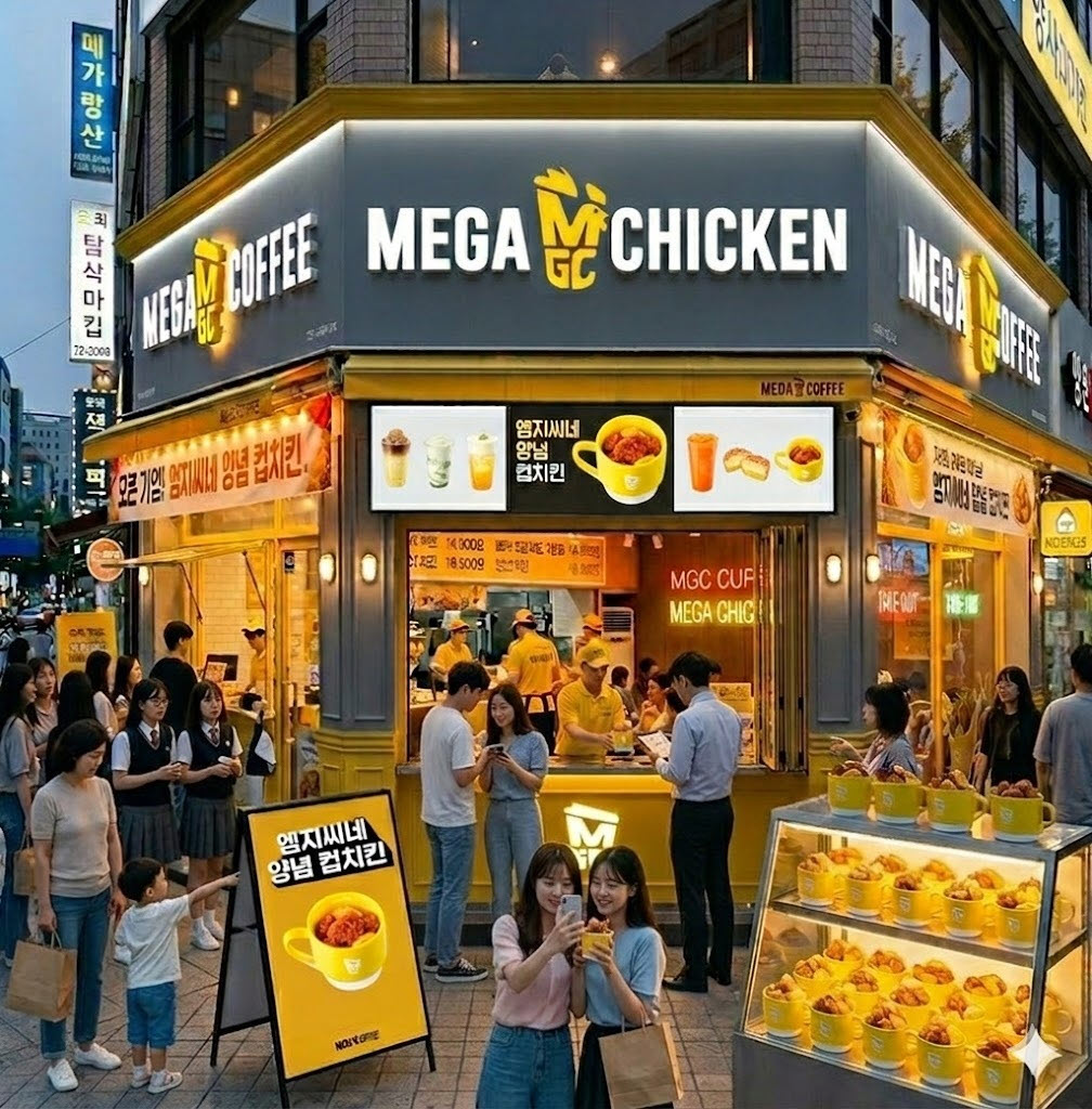 ▲메가MGC커피가 봄 시즌 메뉴로 선 출시한 ‘엠지씨네 양념 컵치킨’ /이미지 = 메가MGC커피 제공, 제미나이로 구성한 AI 매장