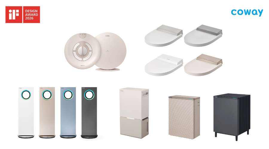 코웨이 ‘2026 iF 디자인 어워드’ 주요 수상작. (왼쪽 위부터 시계방향으로) 테라솔 U, 룰루 슬리믹 비데, 스퀘어핏 공기청정기 82㎡·38㎡, 인버터 제습기 23L, 히티브 온풍 공기청정기.