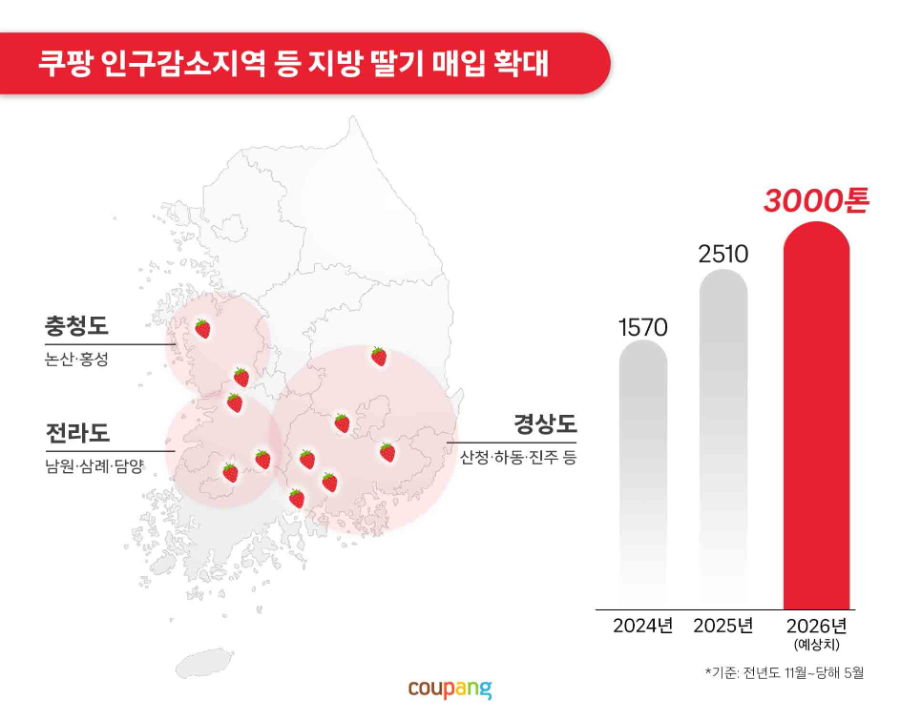쿠팡, 인구감소지역 등에서 딸기 3000톤 매입…판로 끊긴 지방 농가 활성화