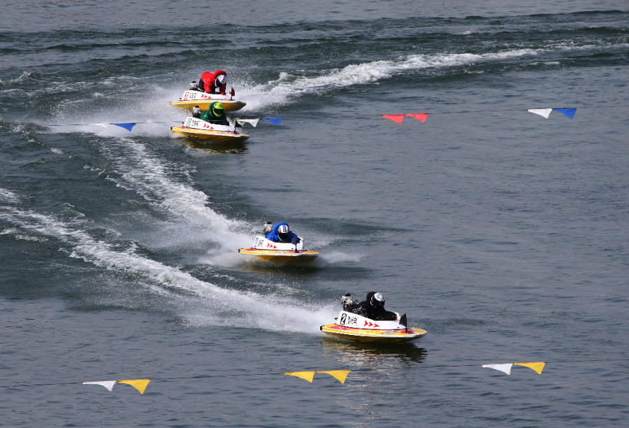 미사경정장에 등바람이 부는 가운데, 선수들이 결승선을 향해 질주하고 있다.