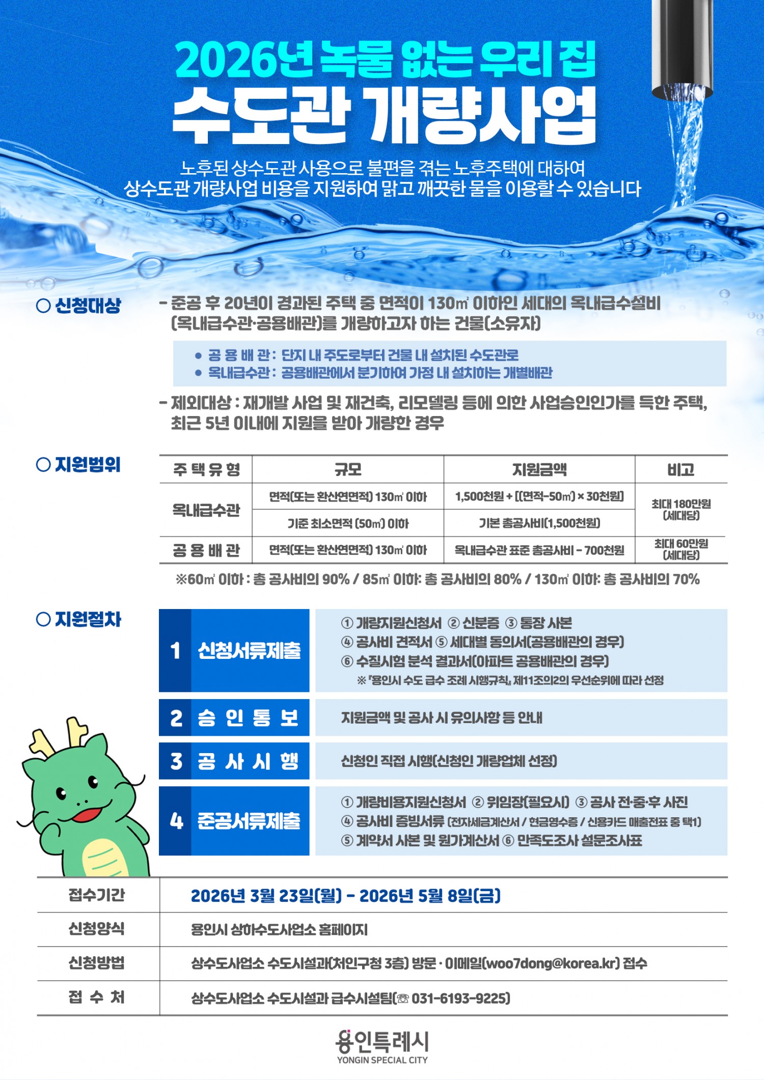 용인특례시, '녹물 없는 우리 집 수도관 개량사업' 참여 가구 모집