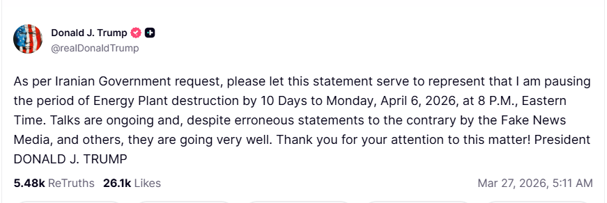 (상보) 트럼프 "이란 요청으로 에너지시설 타격 유예 10일 연장"