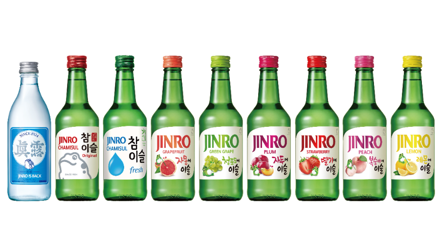 진로(JINRO) 수출용 제품 주요 라인업JINRO IS BACK, ORIGINAL, FRESH, GRAPEFRUIT, GREEN GRAPE, PLUM, STRAWBERRY, PEACH, LEMON