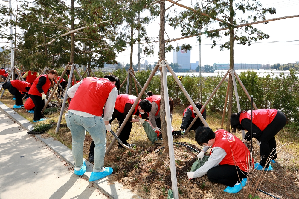 제79회 식목일을 맞이해 하림 임직원들이 쾌적하고 아름다운 사업장 조성을 위해 본사 주변 화단에 맥문동을 정성껏 식재하고 있다.