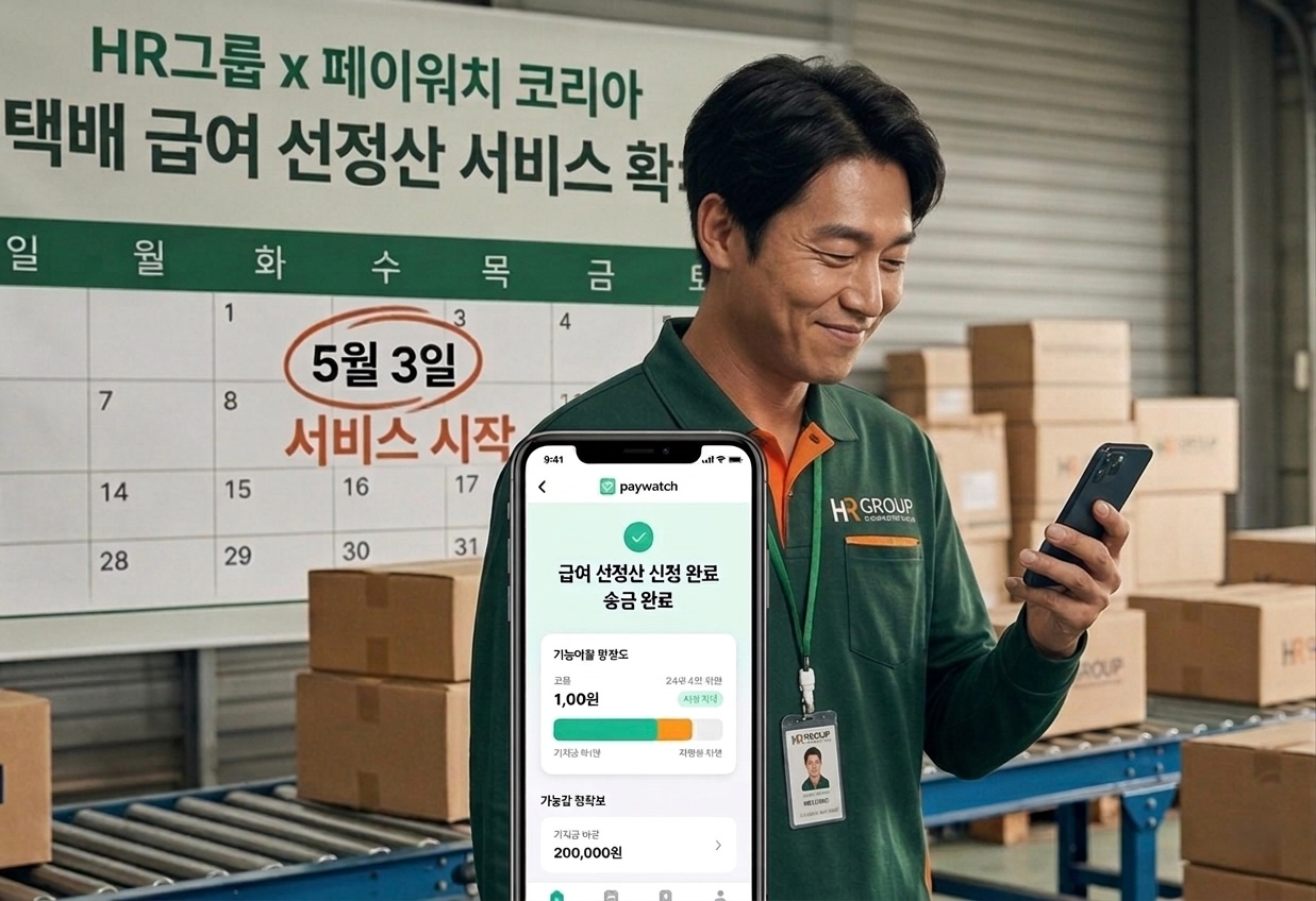 HR그룹은 쿠팡 퀵플렉스에 이어 5월 3일부터 한진·롯데 등 일반 택배기사까지 급여 선정산 서비스(EWA)를 확대 도입하고 있다./AI 생성 이미지=HR그룹㈜ 미디어팀 제공