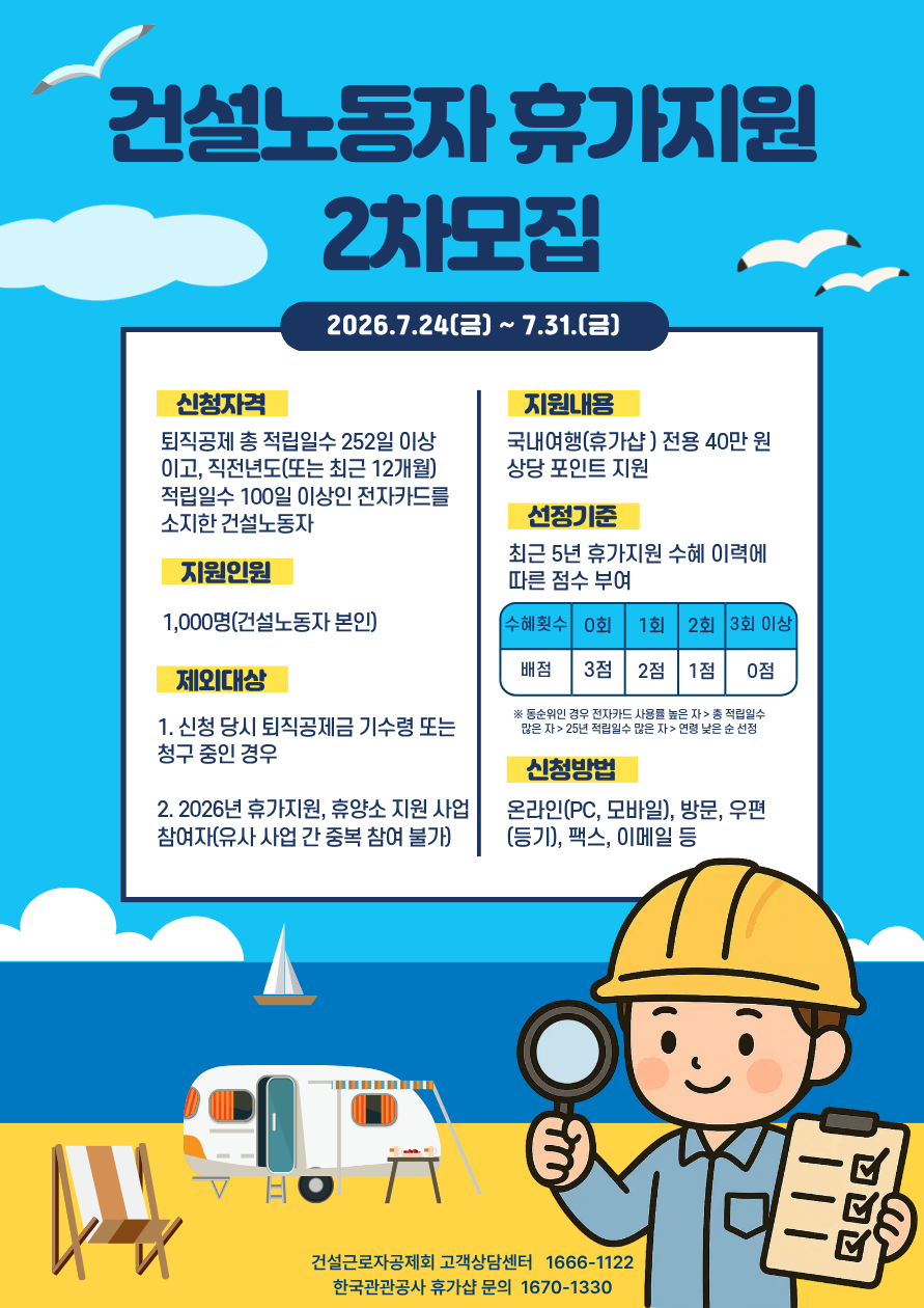 건설근로자공제회, 휴가지원 대상 추가 모집…삶의 질 향상 나서