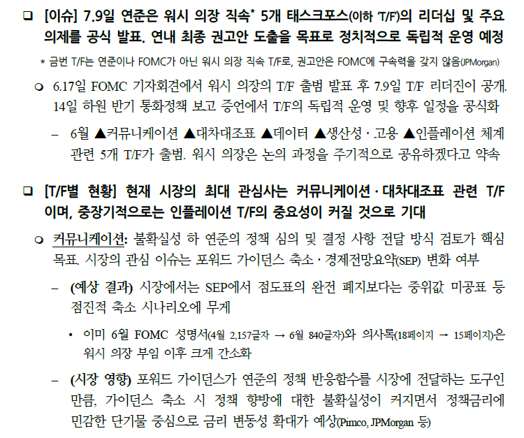 연준 5대 TF, 최대 관심은 커뮤니케이션과 B/S 관련...향후 인플레 TF도 중요 - 국금센터