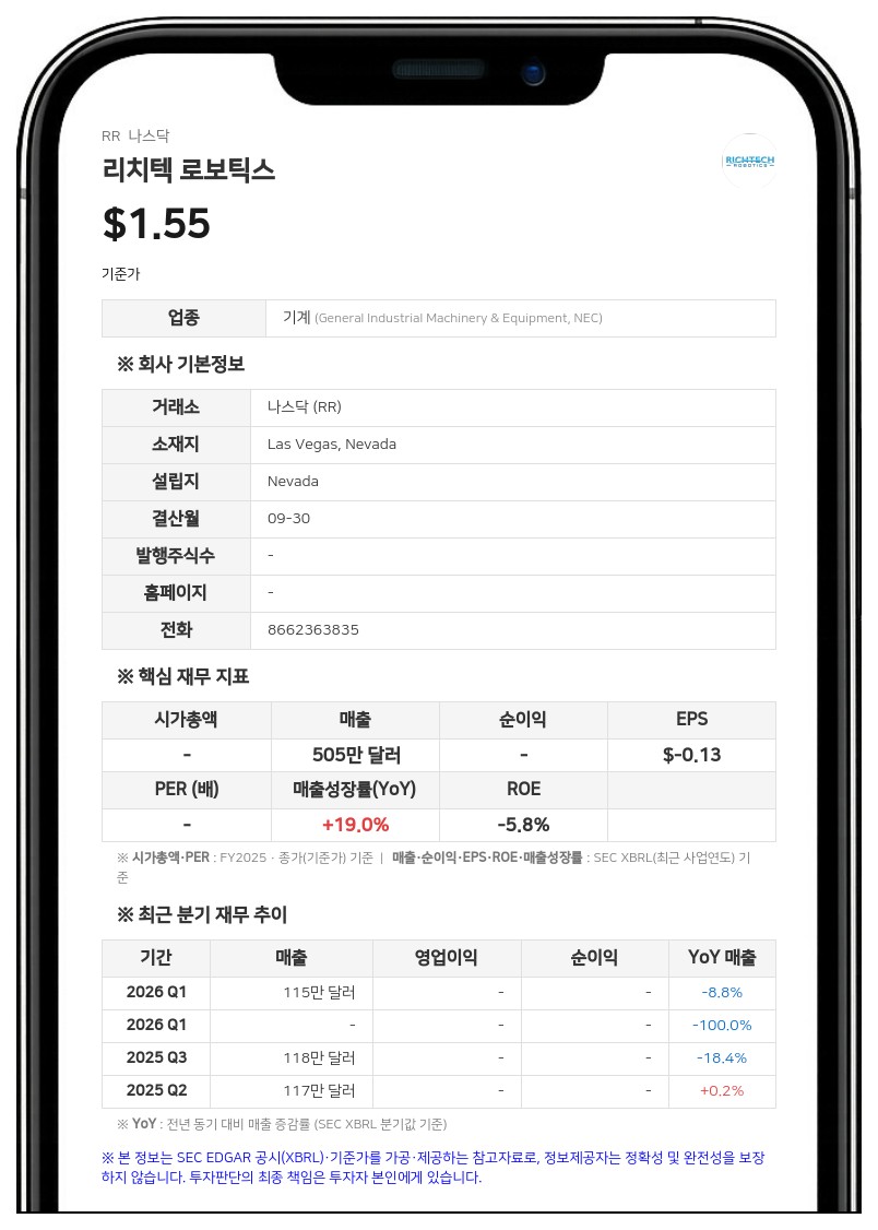 리치텍 로보틱스, 분기보고서 재작성 공시…자산 재분류·워런트 오류 등 반영