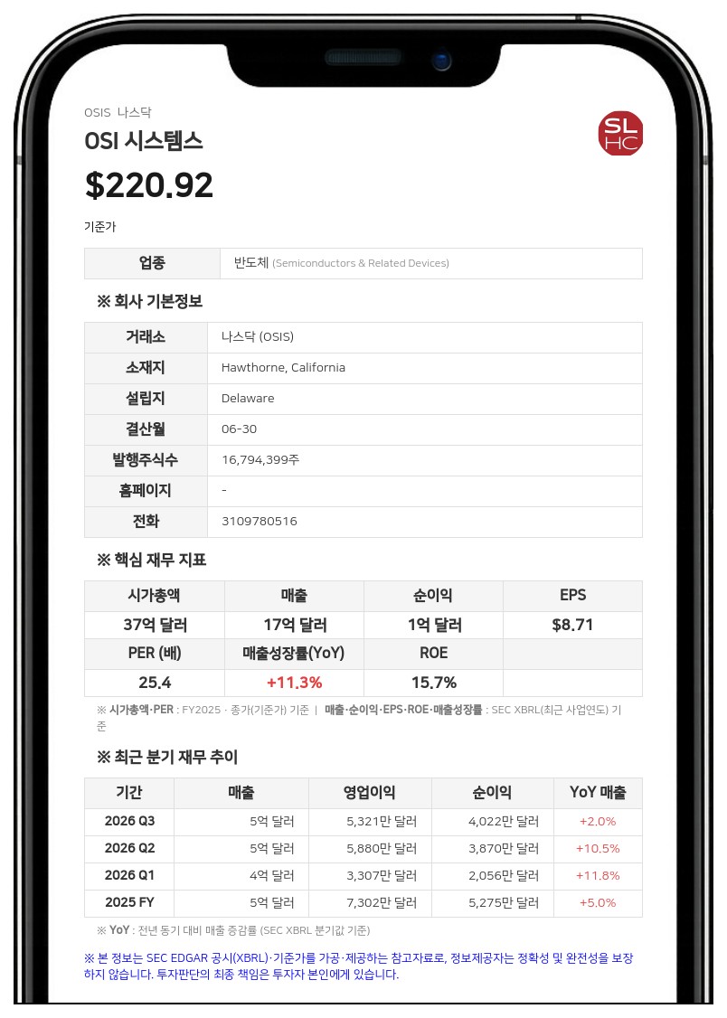 OSI 시스템스, 2026 회계연도 연간 실적 발표…정부 계약 및 글로벌 헬스케어 수요 지속