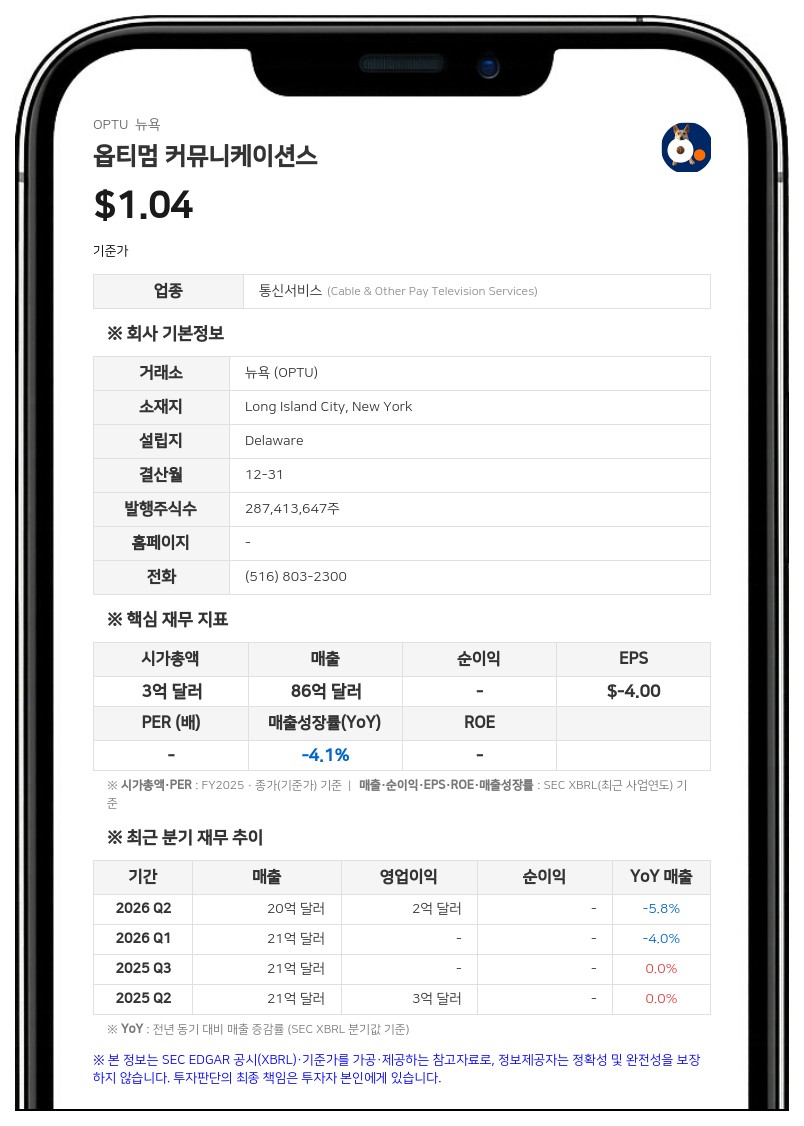 옵티멈 커뮤니케이션스, 과거 재무제표 오류로 정정 공시…"순손실 축소 전망"