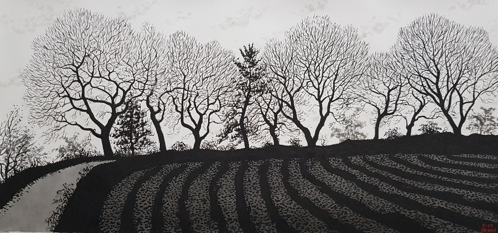 추니박, '나무가 있는 검은풍경' 90X190, 한지에 먹, 2019 / 사진= BT 갤러리