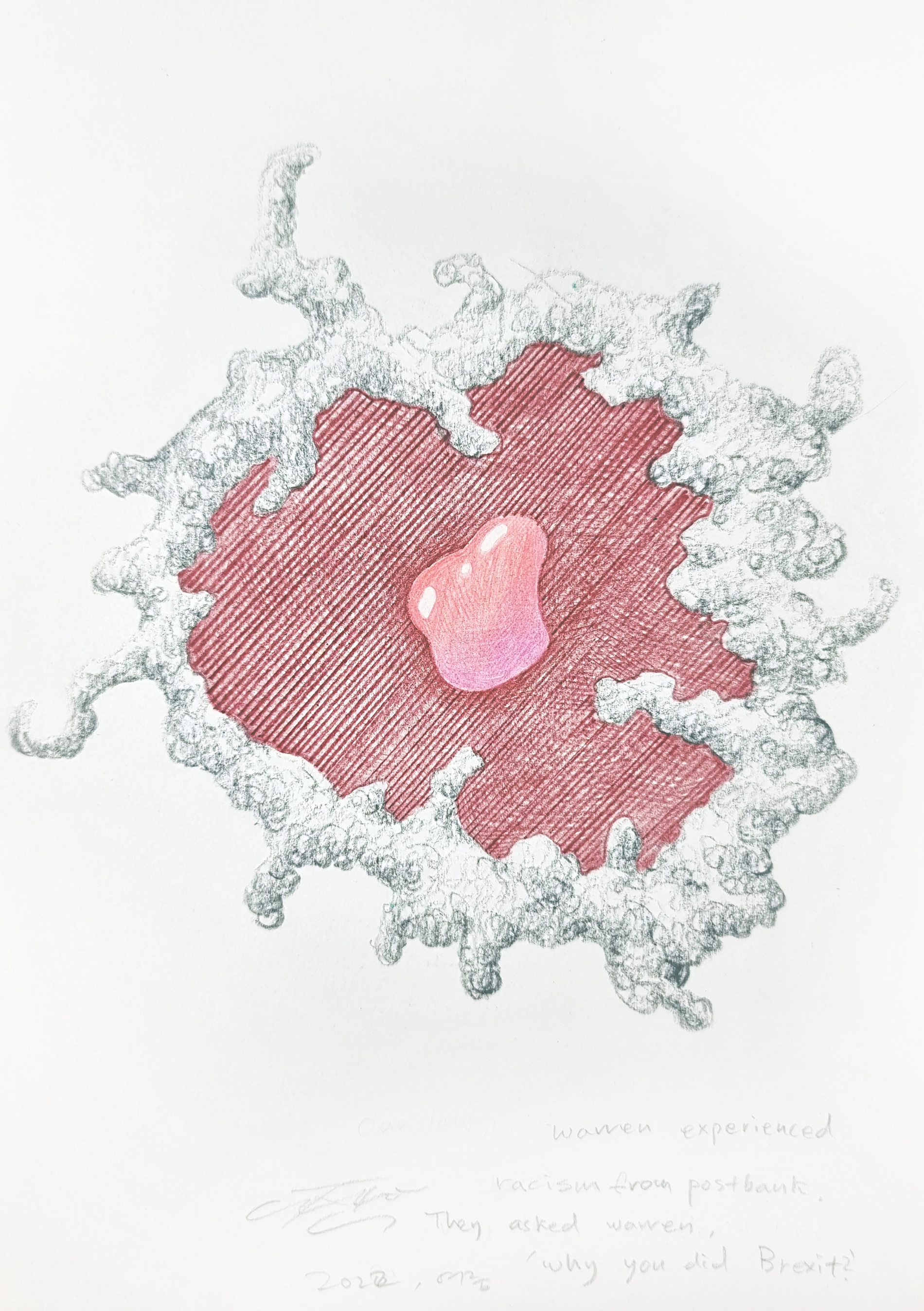 JUHEON CHO, 'Warren experienced racism from Postbank', 2022, 21cm x 29.7cm, coloured pencil on paper / 사진=Courtesy of artist, 갤러리JH