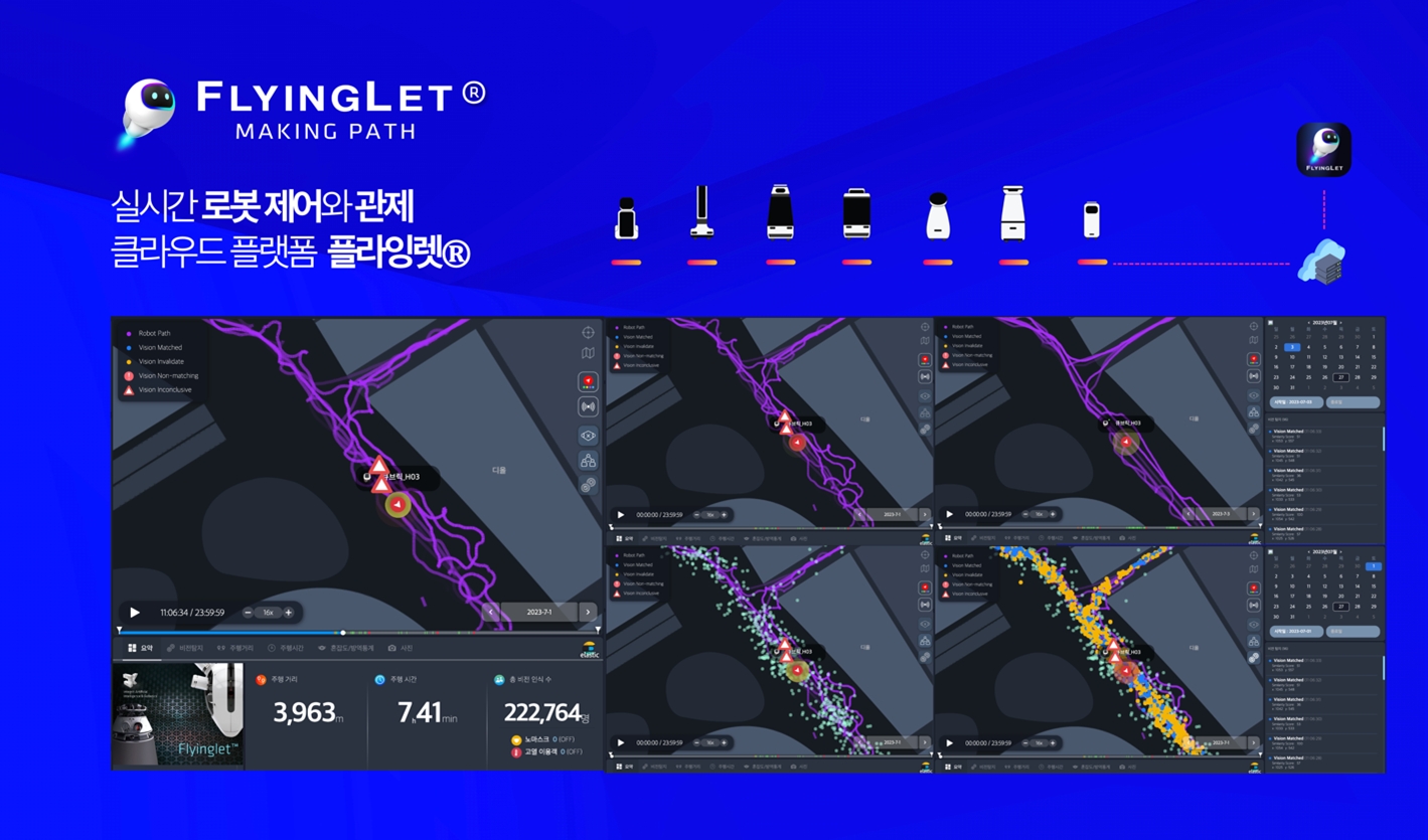 플라잉렛을 통한 실시간 로봇 데이터 분석, 제어와 관제 클라우드 화면 예시