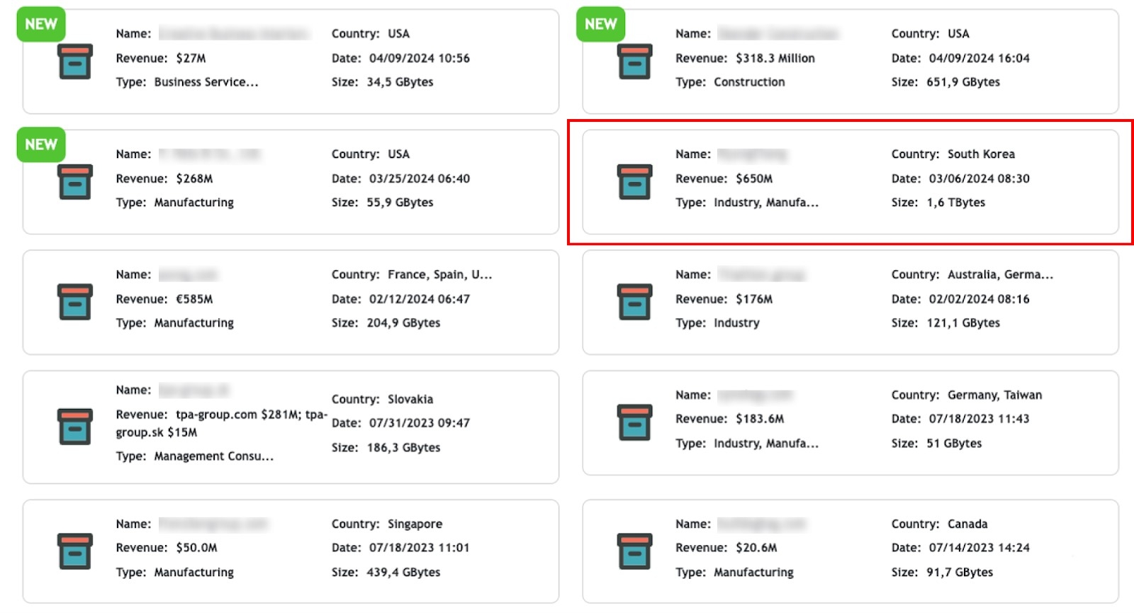 (그림 설명 : 현재 다크웹에서 거래 중인 국내 자동차 부품 기업 정보)