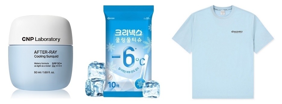 ▲ CNP '애프터-레이 쿨링 선퀴드', 유한킴벌리 ‘크리넥스 쿨링 물티슈’, 디스커버리 익스페디션 ‘프레시벤트 그래픽 반팔티셔츠’ (왼쪽부터)