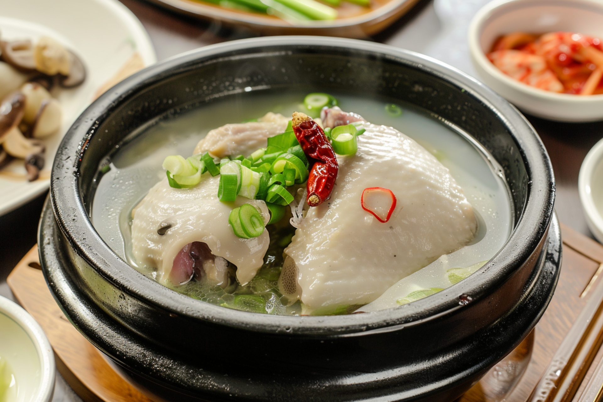 삼계탕을 먹을 때는, 지방이 적고 고단백인 가슴살부터 먹기 시작해서 고기 위주로 섭취하는 것이 좋다. 그 후에 국물, 찹쌀밥 등의 순서로 먹으면 혈당도 천천히 오르고 영양 흡수에도 좋다. / 이미지 생성 : 미드저니 (by rido)