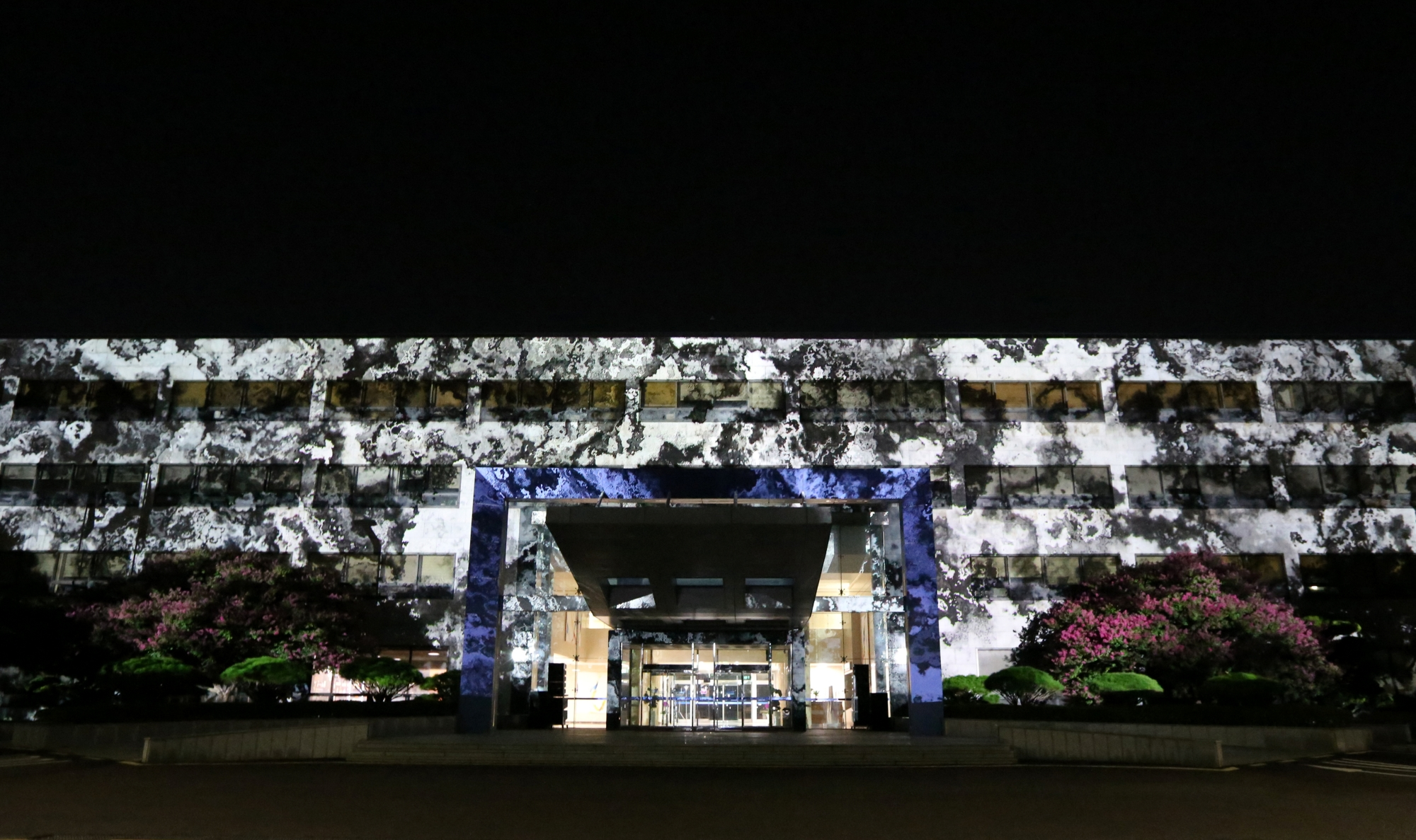 KAIST 본관에 투사된 강이연 교수팀 작품 이미지 1(유니테 다비타시옹:테크노스피어 XD lab 2024)