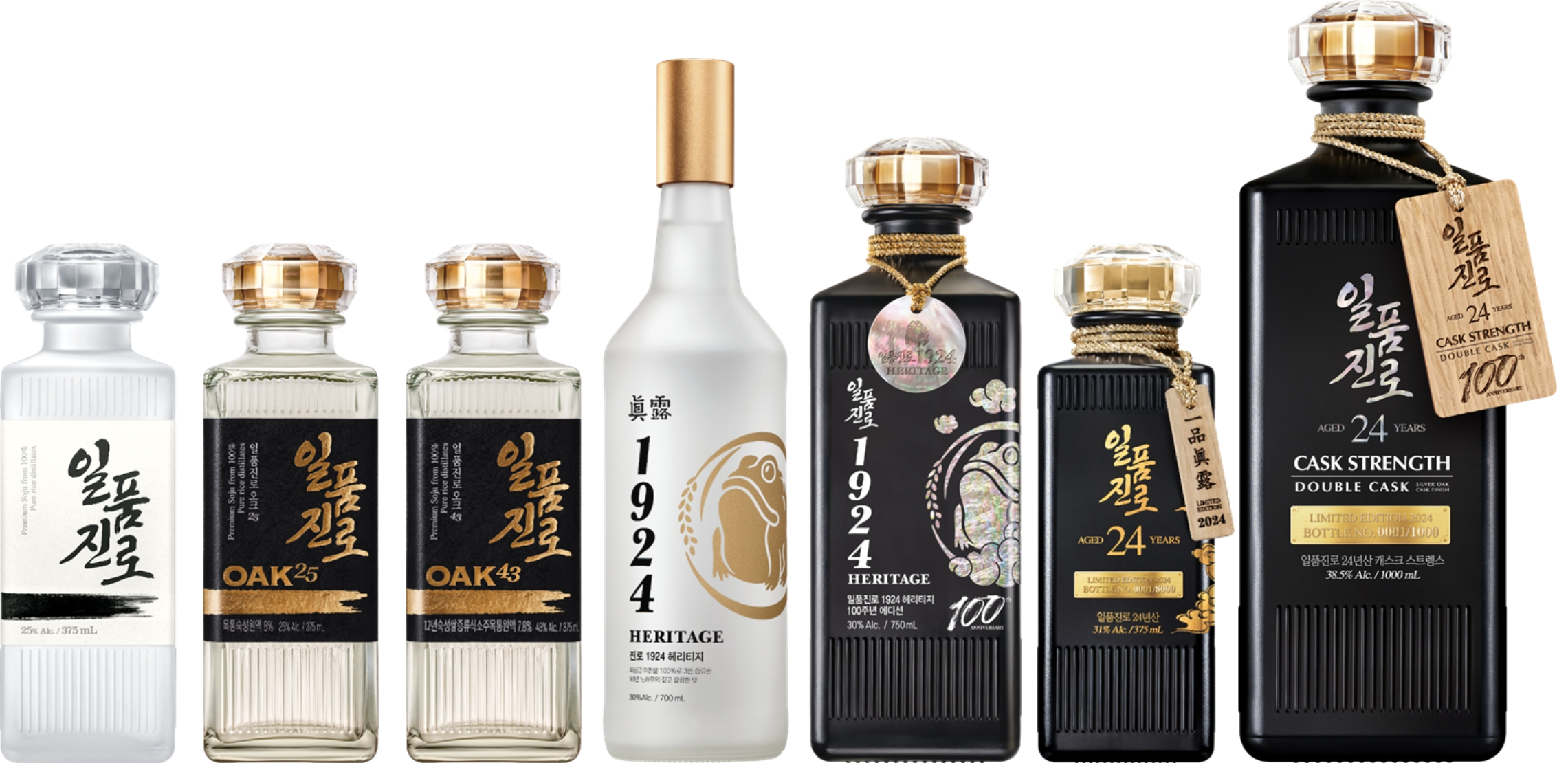 (왼쪽부터) 일품진로, 일품진로 오크25, 일품진로 오크43, 일품진로1924헤리티지, 일품진로 1924 헤리티지 100주년 에디션(한정판), 일품진로 24년산(한정판), 일품진로 캐스크 스트랭스(한정판)