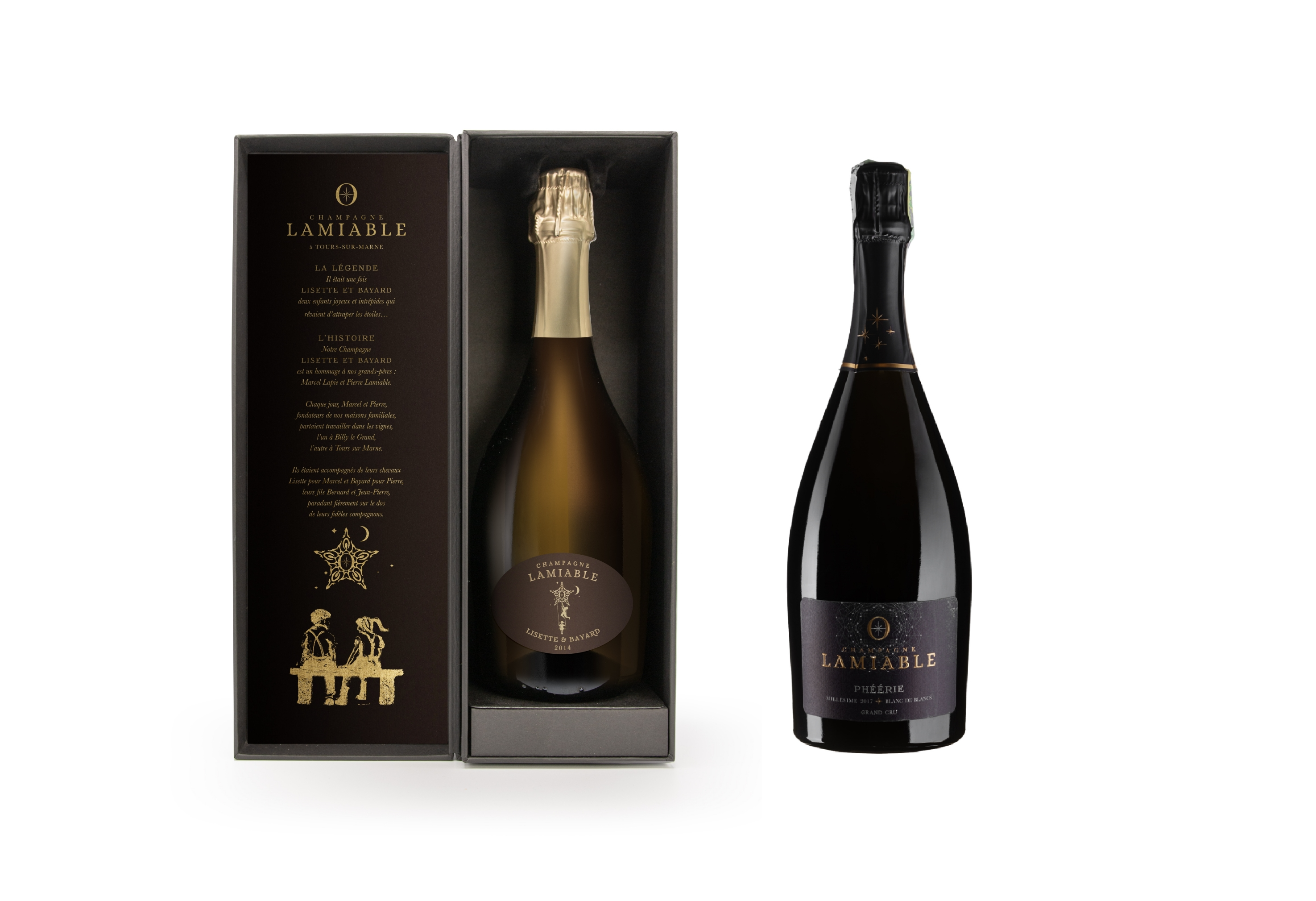 -. 왼쪽) ‘라미아블 리제트 에 바야르 블랑 드 블랑 그랑 크뤼 엑스트라 브뤼(Lamiable, Lisette & Bayard Blanc de Blancs Grand Cru Extra Brut 2014)’-. 오른쪽) ‘라미아블, 페리 블랑 드 블랑 그랑 크뤼 엑스트라 브뤼(Lamiable, Pheerie Blanc de Blancs Grand Cru Extra Brut 2017)’
