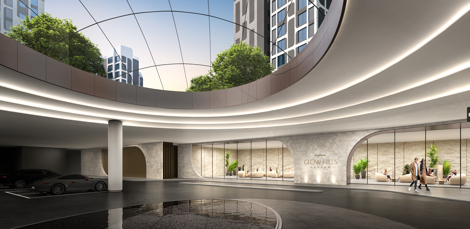 호텔식 출입구로 디자인한 드롭-오프존