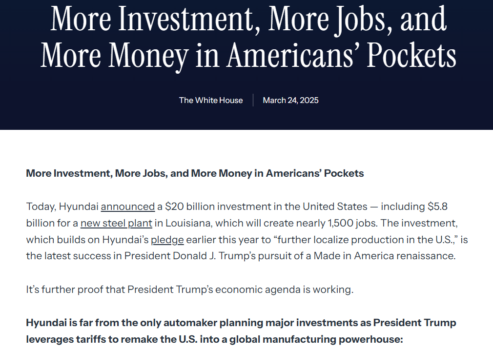 자료: 현대차의 대규모 미국 투자를 알리는 백악관