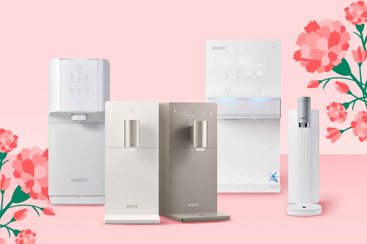 ▲왼쪽부터 슈퍼쿨링(모델명: WQ672), 슬림원 2종(모델명: WS672), 아이스원(모델명: WR872), 미미(모델명: WP610) 정수기