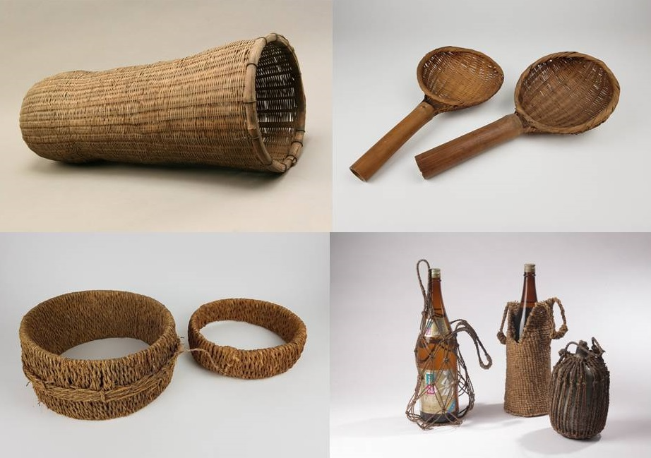 짚풀생활사박물관 ‘맛있다. 짚풀 덕분에’에 전시된 유물들. (왼쪽 위부터 시계방향으로) 용수, 국수채, 메주틀, 술병망태.