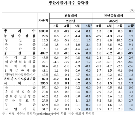 6월 생산자물가 전년비 0.5% 상승...5개월 만에 상승폭 다소 확대 - 한은