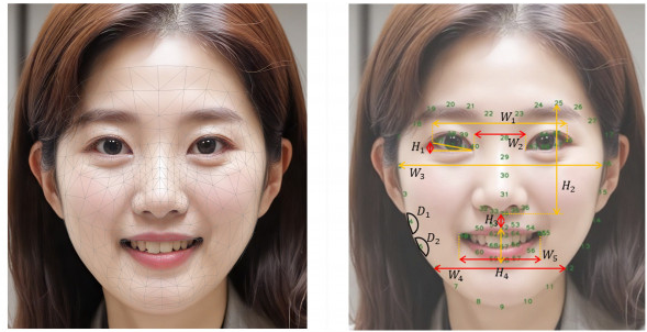 LG생활건강 안면 특징점 추출 기술 적용 예시(좌), 얼굴 부위별 6가지 노화 지표 정의 예시(우)