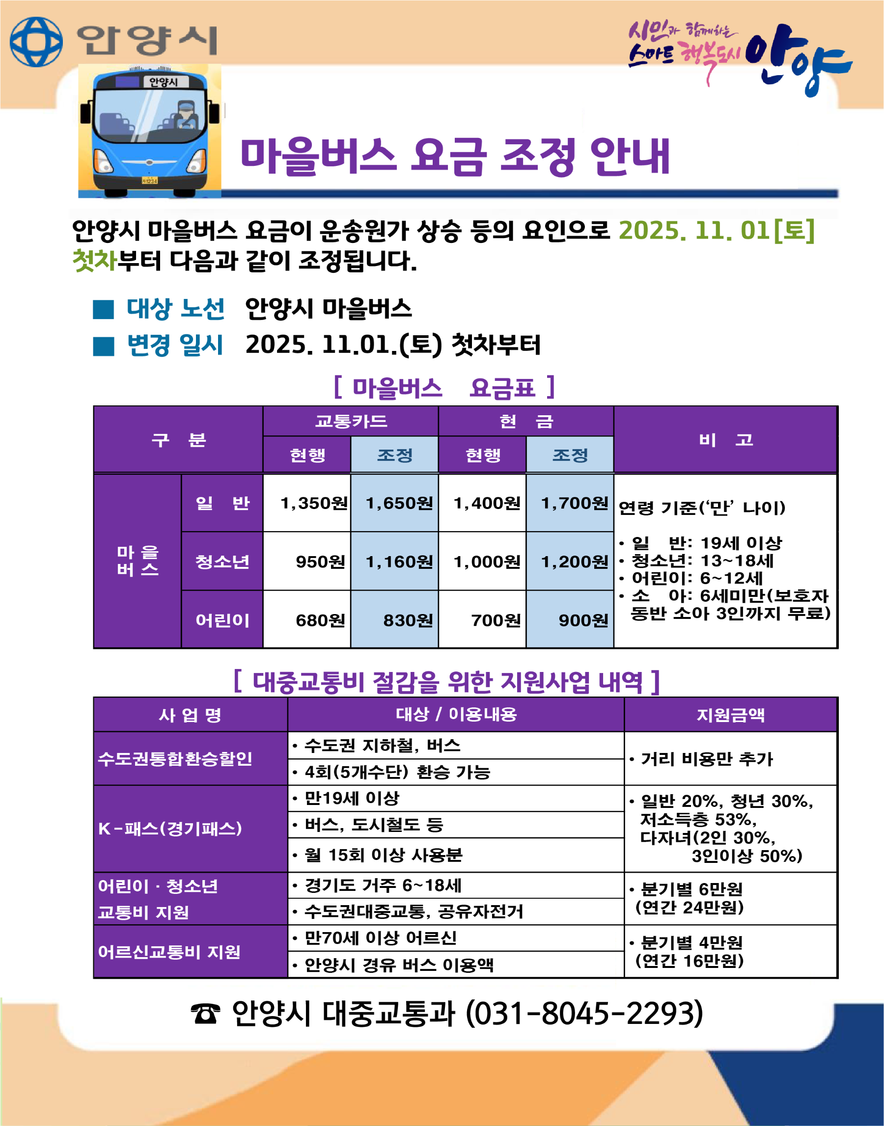 안양시 마을버스 요금 인상 안내문