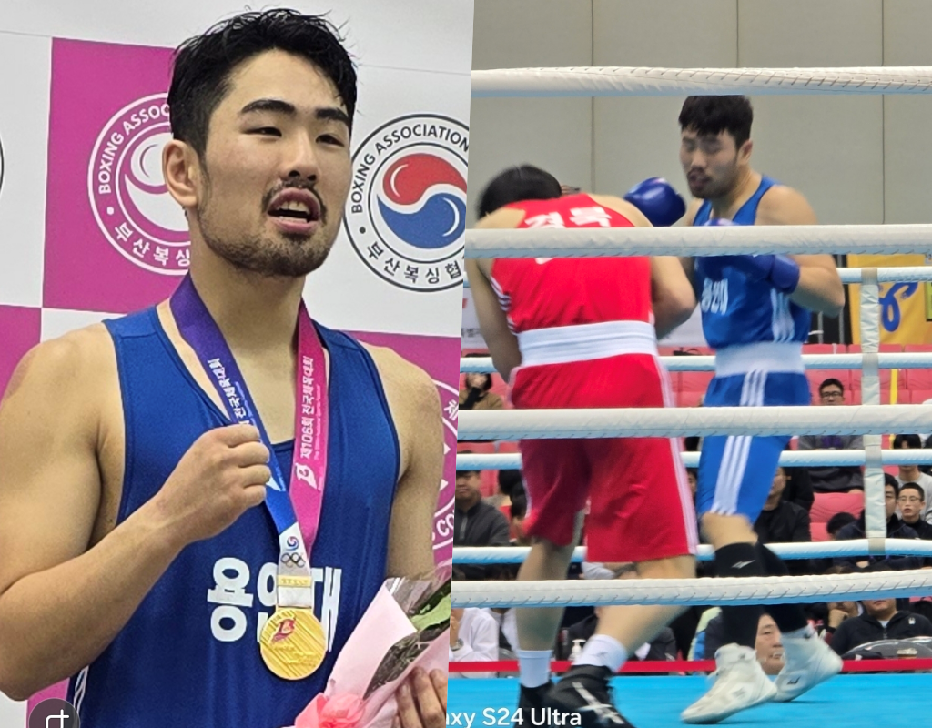 22일 열린 106회 전국체육대회 복싱경기 결승전서 금메달을 차지한 남자대학부 미들급 경기도 용인대학교 소속 김수찬 선수 (오경희 기자)