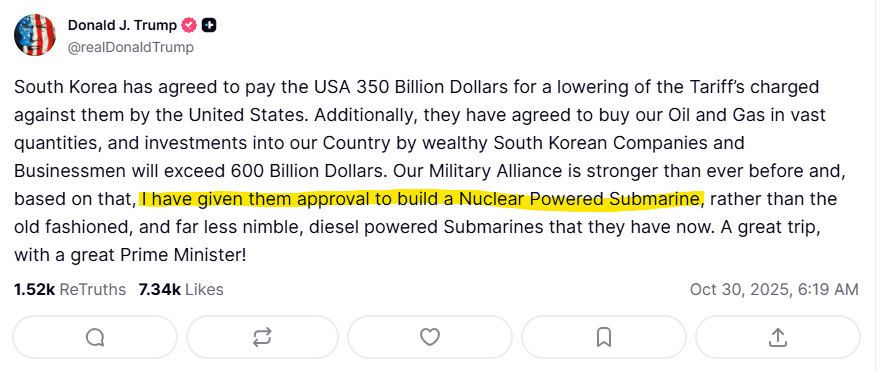 (상보) 트럼프 “한국 핵추진 잠수함 건조 승인...美필리 조선소서 건조”