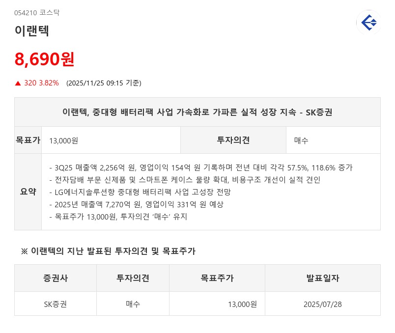 배터리팩 기업 변신…이랜텍, 2026년 LG엔솔향 매출 3배 폭증 예상