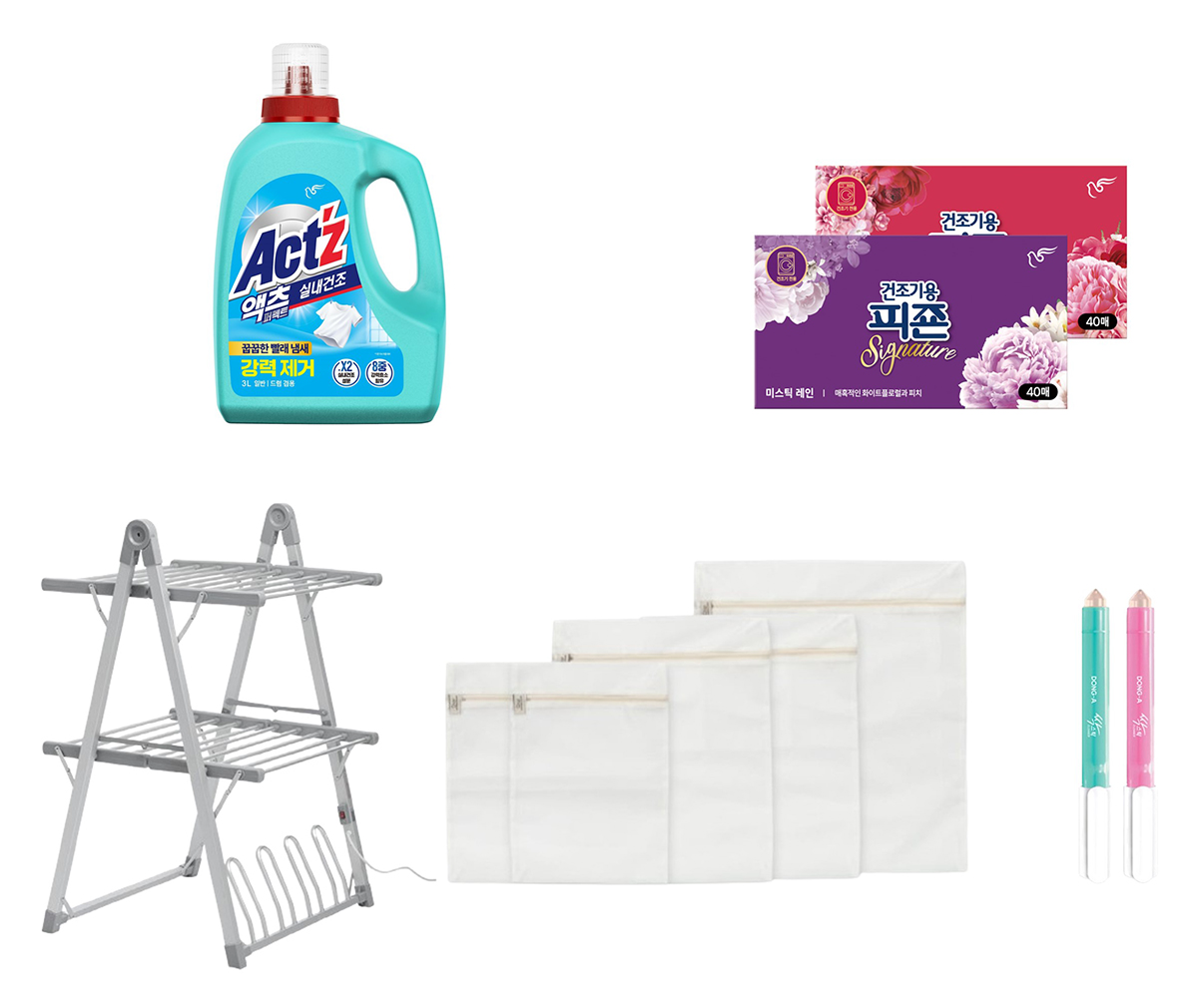 사진/(좌측 상단부터 시계방향) 피죤 ‘액츠 퍼펙트 실내건조’, 피죤 ‘건조기용 피죤 시그니처’, 동아 '싹스틱 리무버',디아르 ‘안심 무형광 세탁망’, 와이즌 '전기 온열 빨래 건조대' (이미지제공=각 사)