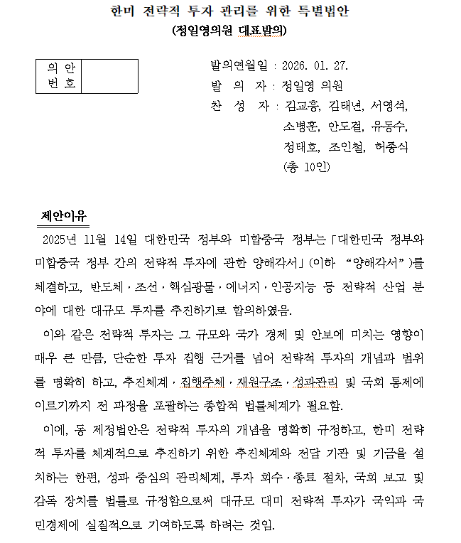 민주 정일영, 대미 투자 안전장치 마련 위한 한미 전략적 투자 관리 특별법 발의