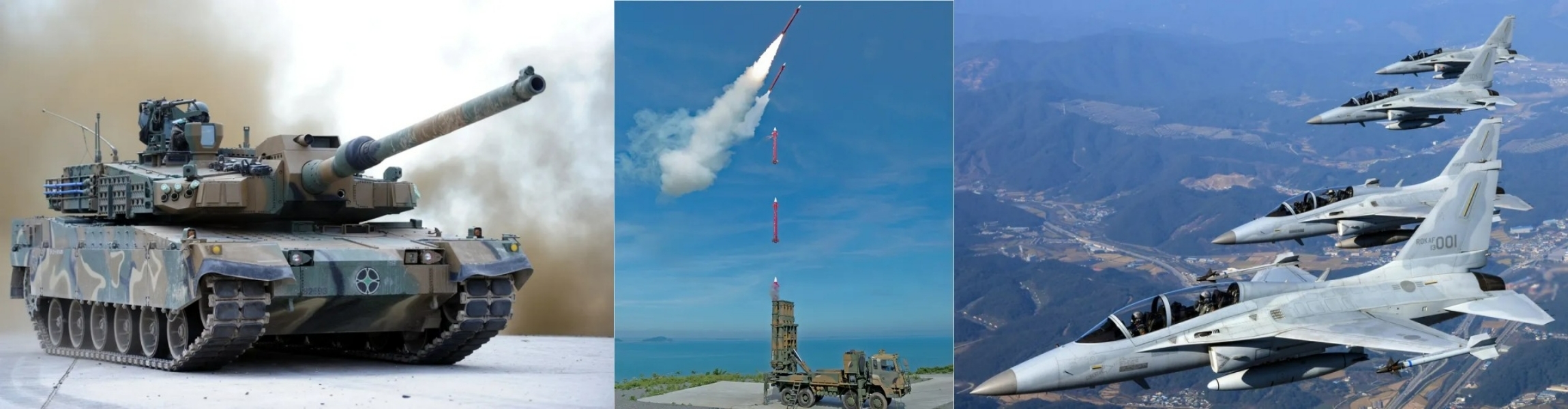 코츠테크놀로지 핵심 제품이 들어가는 (왼쪽부터) K2전차, 천궁2, KF-50(사진=각사제공)