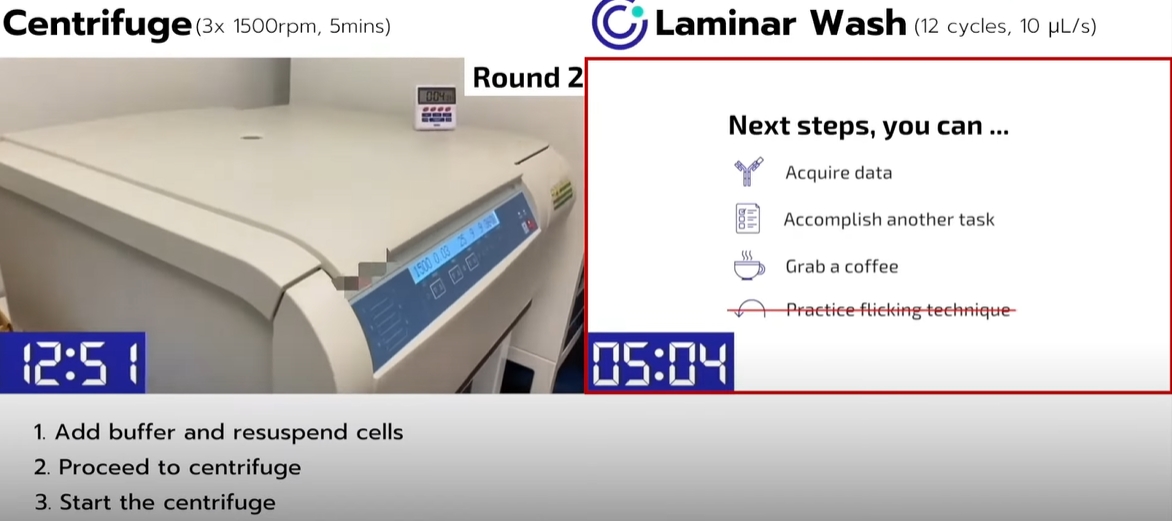 세척 공정을 원심분리 수작업과 래미나 워시로 진행해 비교한 사진.(사진=큐리옥스 제공)