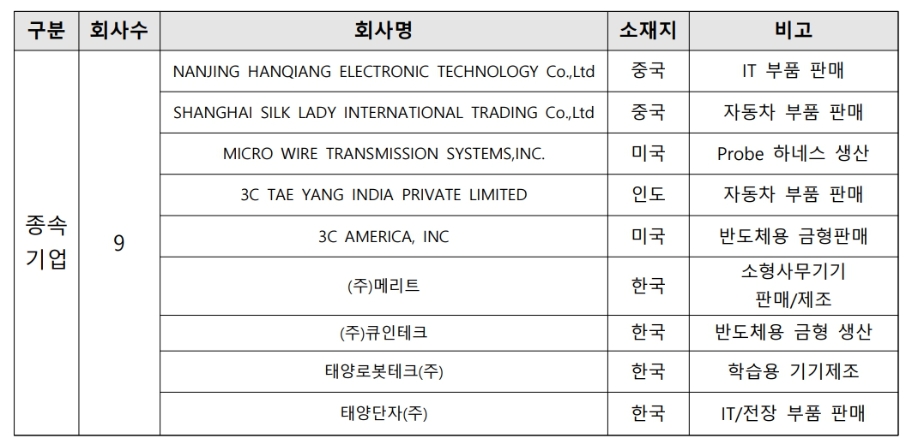 종속기업 현황(자료=금융감독원 전자공시시스템)